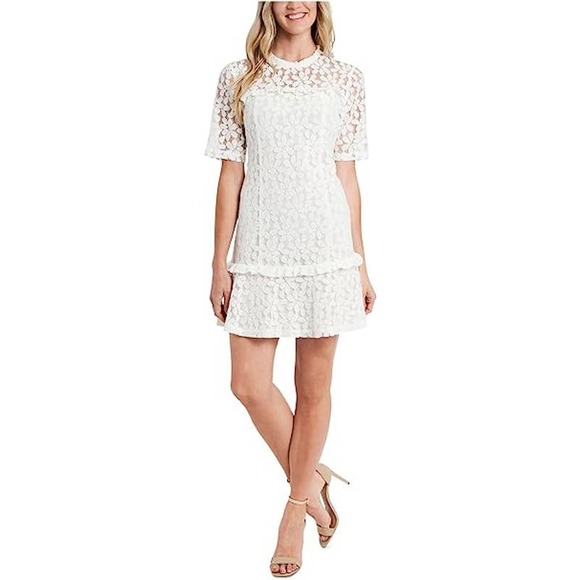 CeCe Dresses & Skirts - CeCe White Lace Dress Elbow Sleeve Mix Media
